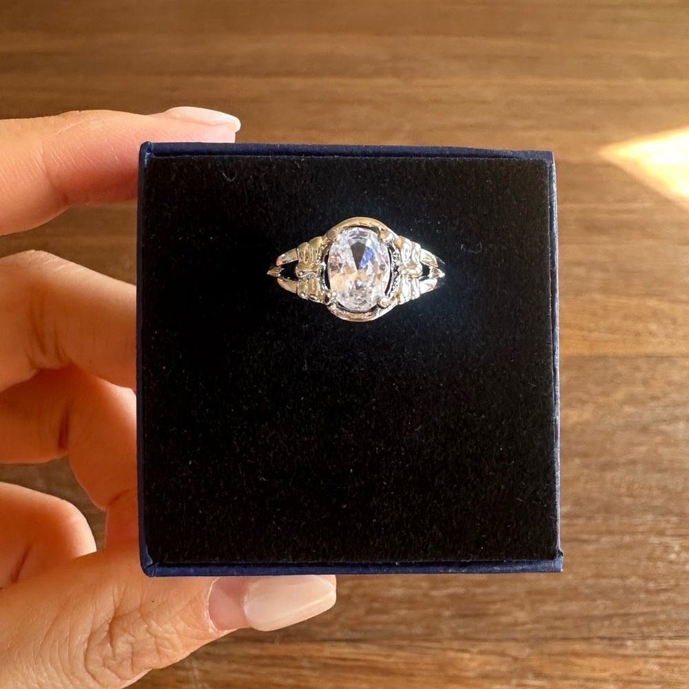 Oval Cut Statement Ring Silver Tone Crystal Halo Ring Size 7